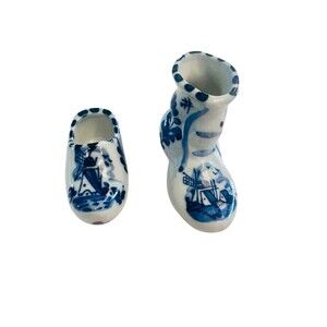 Vintage Delft Blue Porcelain Dutch Shoe & Boot Windmill Set of 2